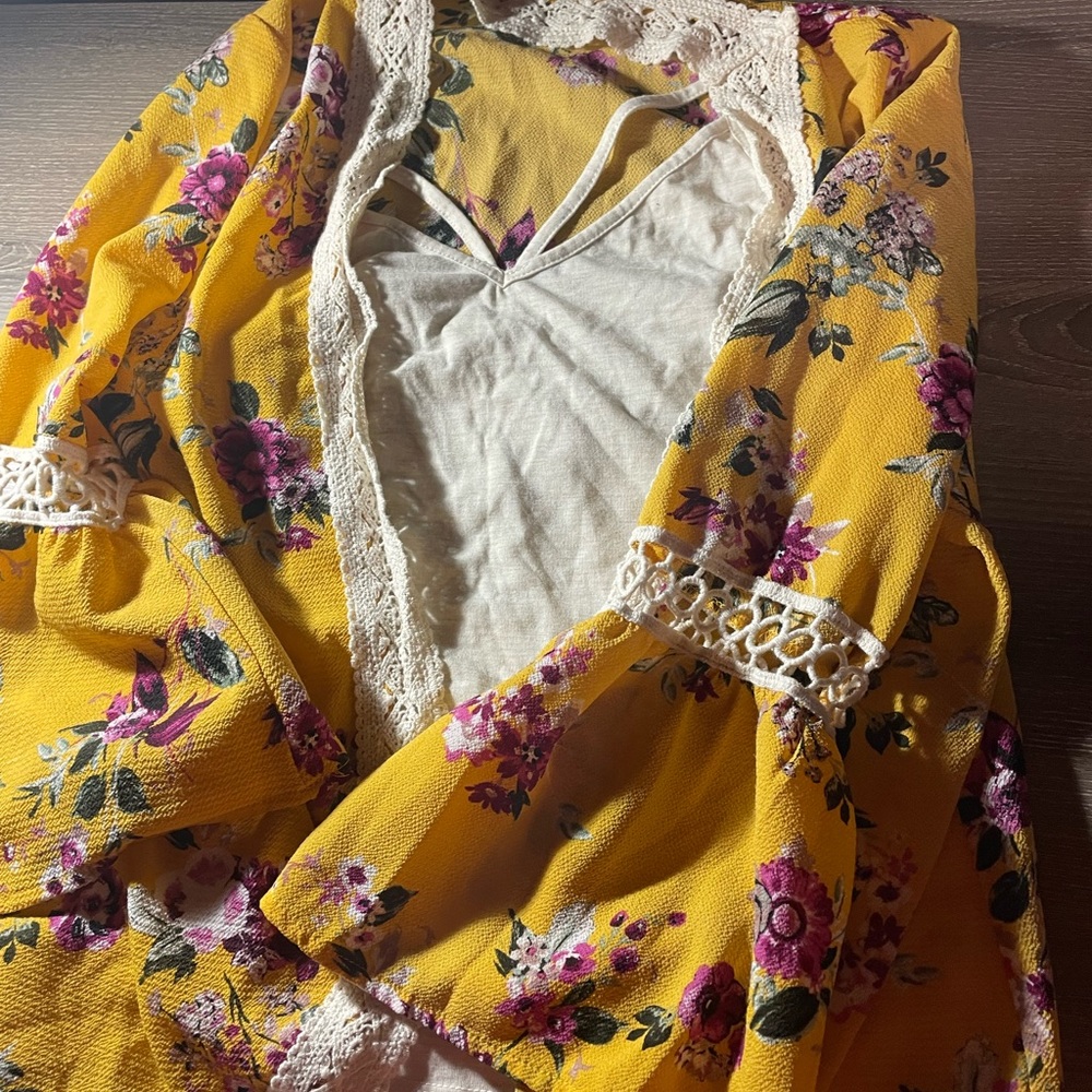 Yellow floral cardigan with off-white tank top. Worn once.